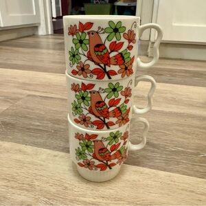 Vintage Japan Bird Floral Stackable Mugs Retro 2 Finger Handle Set Of 3